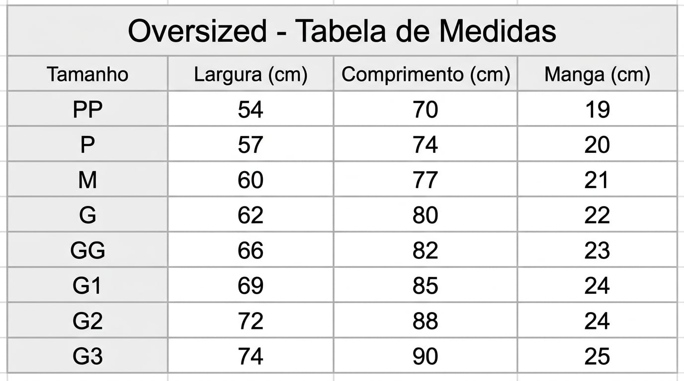 tabela de medidas oversized